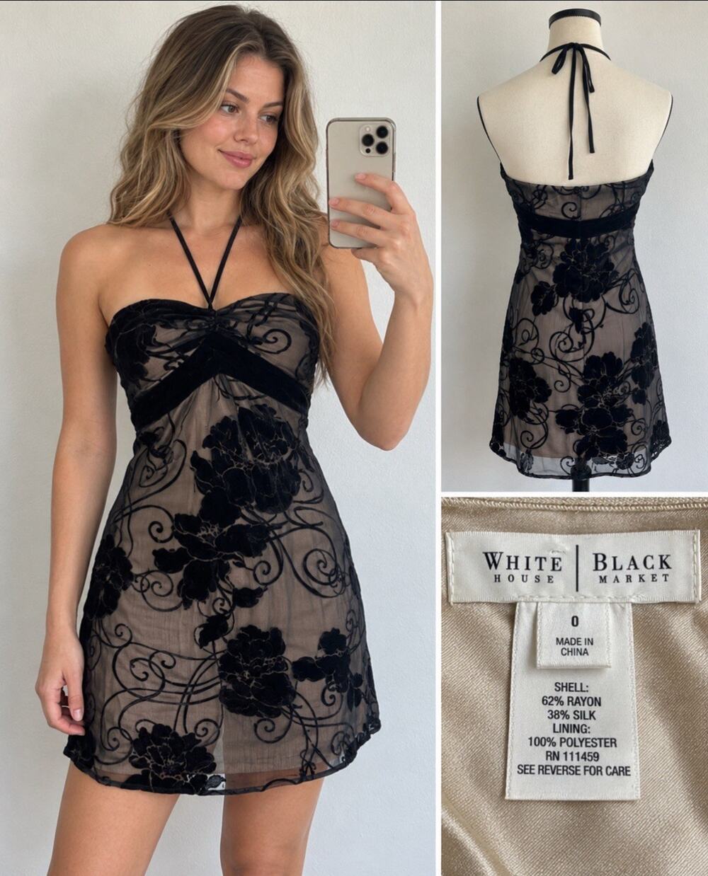 Y2K 2000s Goth Glam LBD White House Black Market Halter Velvet Burnout Dress 0